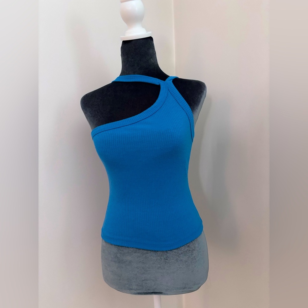 Pretty Garbage Side Halter Blue Ribbed Tank Size S